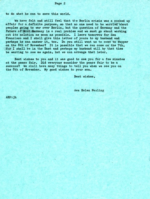 Letter from Ava Helen Pauling to Evelyn Alloy. Page 2. September 22, 1961