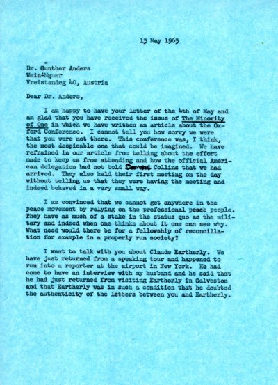 Letter from Ava Helen Pauling to Günther Anders. Page 1. May 13, 1963