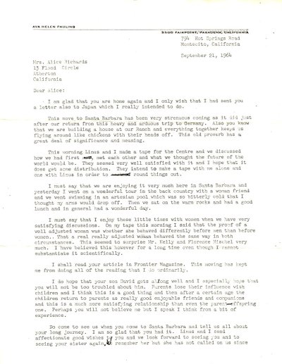 Letter from Ava Helen Pauling to Alice Richards. Page 1. September 21, 1964