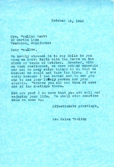 Letter from Ava Helen Pauling to Pauline Scott. Page 1. October 26, 1963