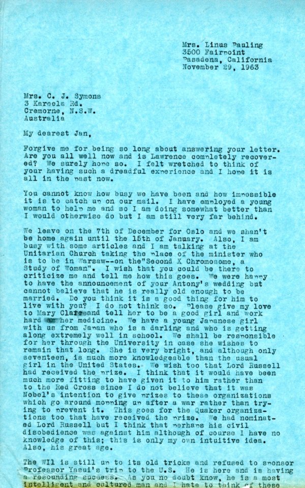 Letter from Ava Helen Pauling to Jan Symons. Page 1. November 29, 1963
