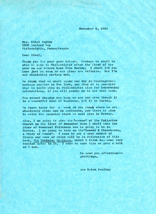Letter from Ava Helen Pauling to Ethel Taylor. Page 1. November 6, 1963