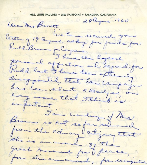 Letter from Ava Helen Pauling to Lenore N. Barrett. Page 1. August 28, 1960