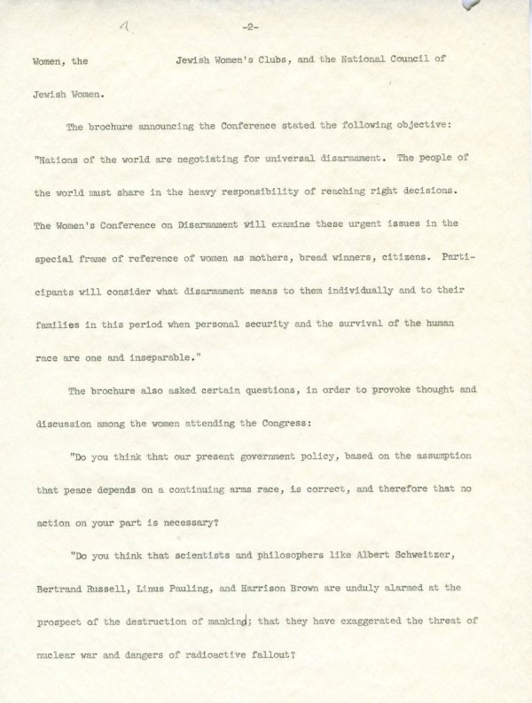 "Your Family's Stake in Disarmament: A Women's Conference." Page 2. April 23, 1960