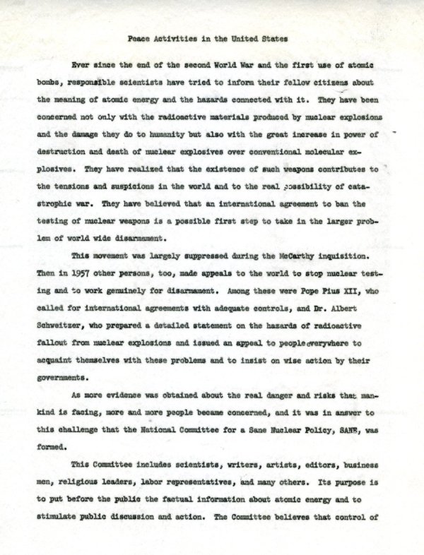 "Peace Activities in the United States." Page 1. August 1960