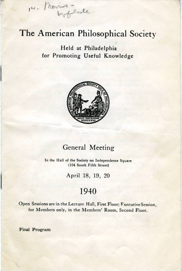 American Philosophical Society Meeting Program. Page 1. April 1940