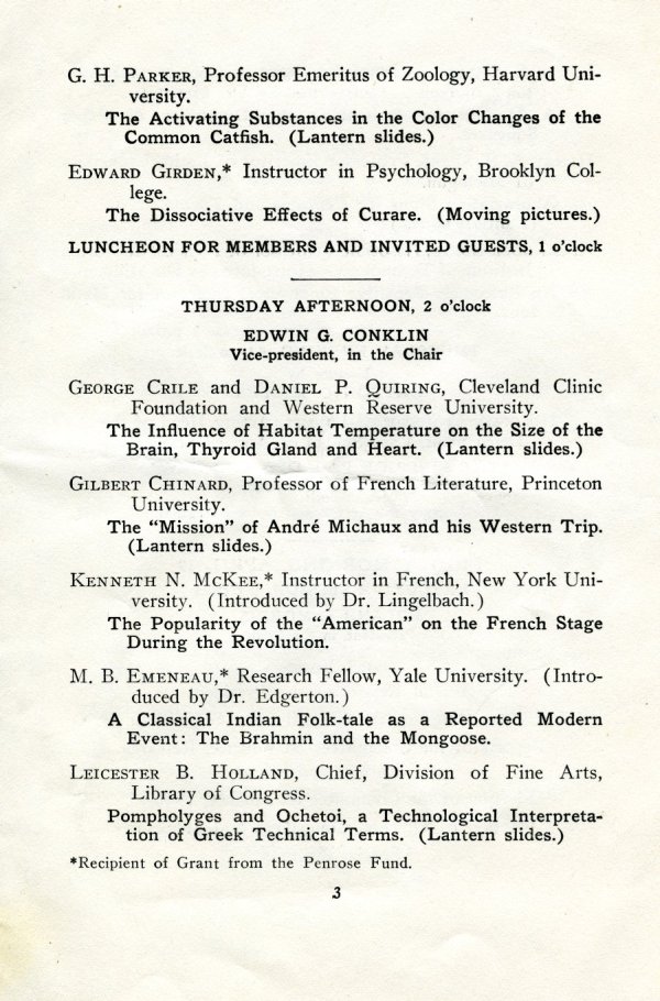 American Philosophical Society Meeting Program. Page 3. April 1940