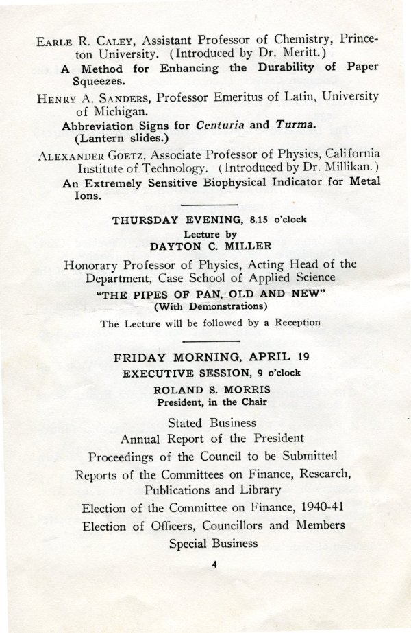 American Philosophical Society Meeting Program. Page 4. April 1940