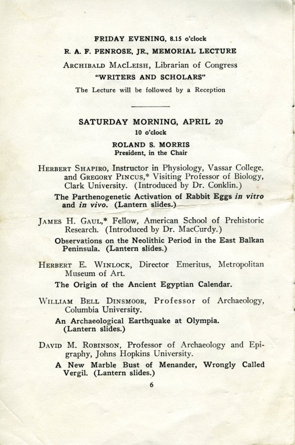 American Philosophical Society Meeting Program. Page 6. April 1940