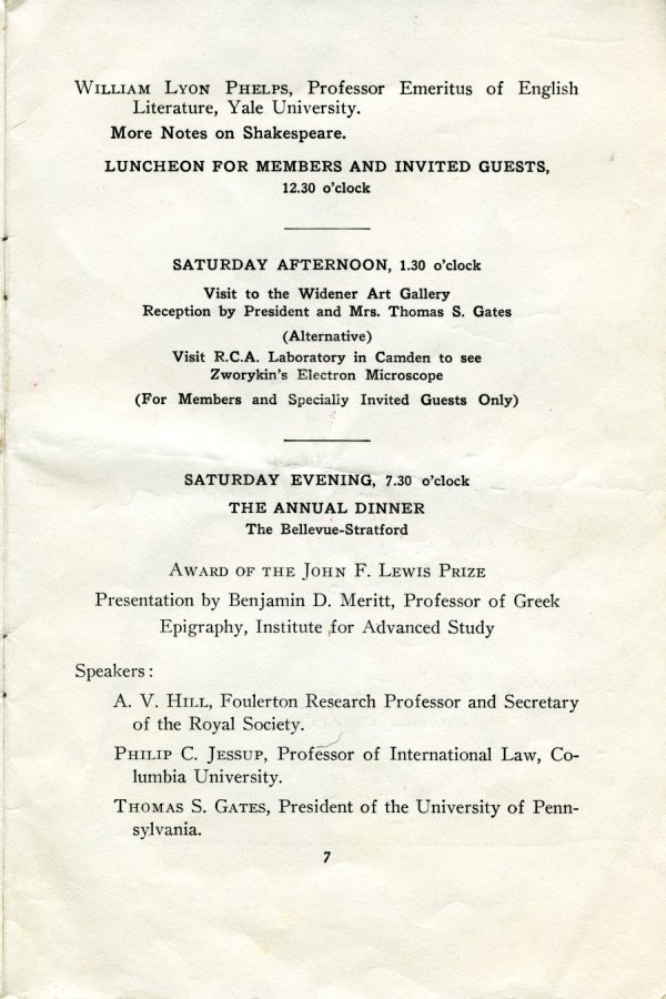 American Philosophical Society Meeting Program. Page 7. April 1940