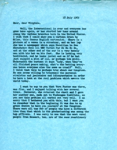 Letter from Ava Helen Pauling to Virginia Durr. Page 1. July 18, 1962