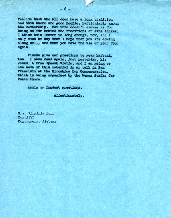 Letter from Ava Helen Pauling to Virginia Durr. Page 6. July 18, 1962