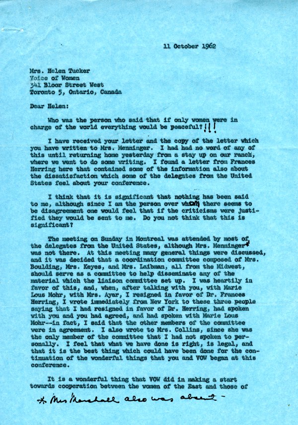 Letter from Ava Helen Pauling to Helen Tucker. Page 1. October 11, 1962