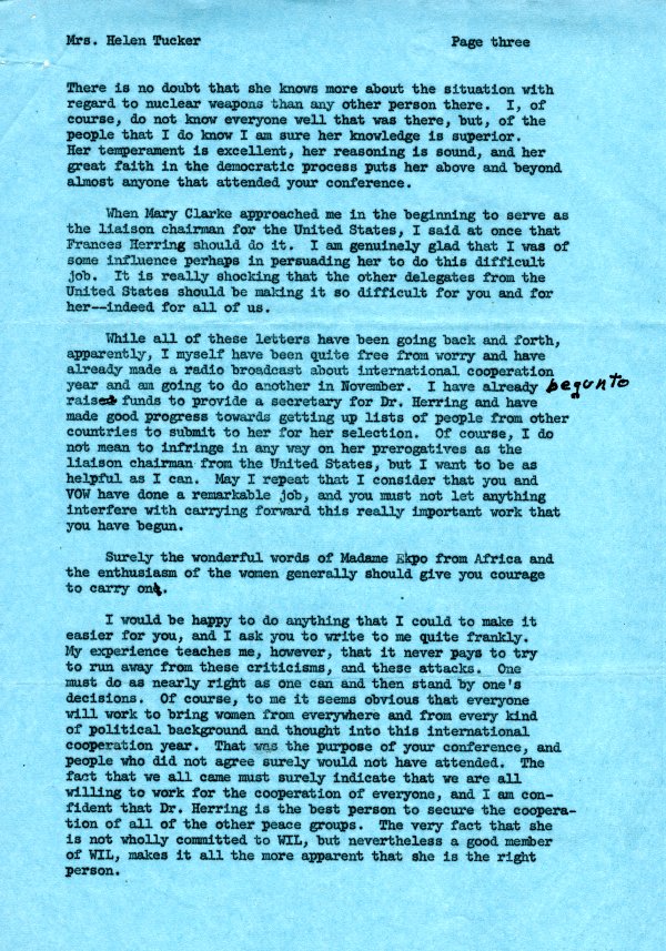 Letter from Ava Helen Pauling to Helen Tucker. Page 3. October 11, 1962