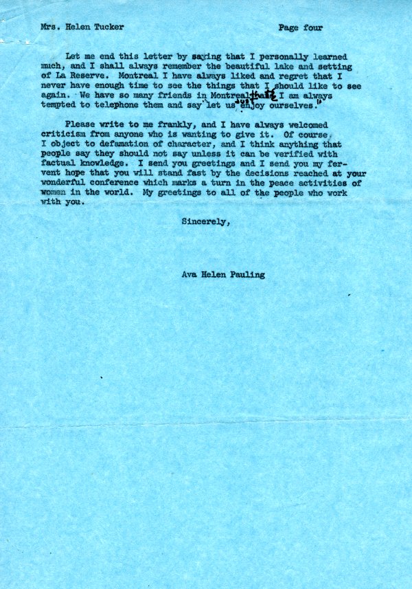 Letter from Ava Helen Pauling to Helen Tucker. Page 4. October 11, 1962