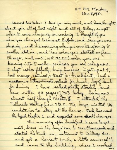 Letter from Linus Pauling to Ava Helen Pauling. Page 1. November 8, 1937