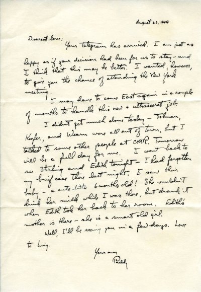 Letter from Linus Pauling to Ava Helen Pauling. Page 1. August 22, 1944