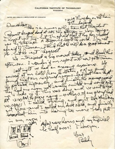 Letter from Linus Pauling to Ava Helen Pauling. Page 1. April 12, 1945