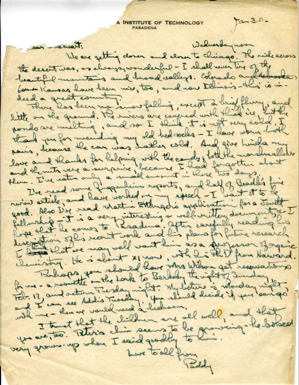 Letter from Linus Pauling to Ava Helen Pauling. Page 1. January 30, 1946