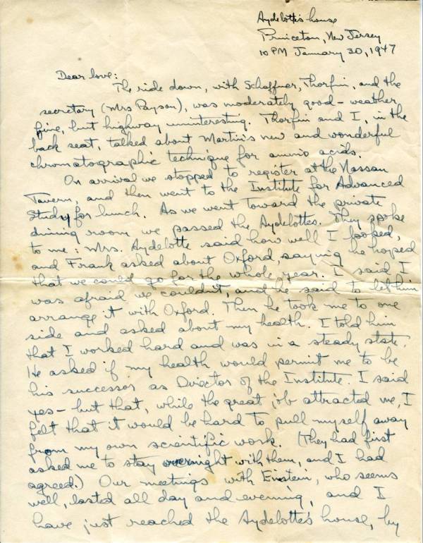 Letter from Linus Pauling to Ava Helen Pauling. Page 1. January 30, 1947