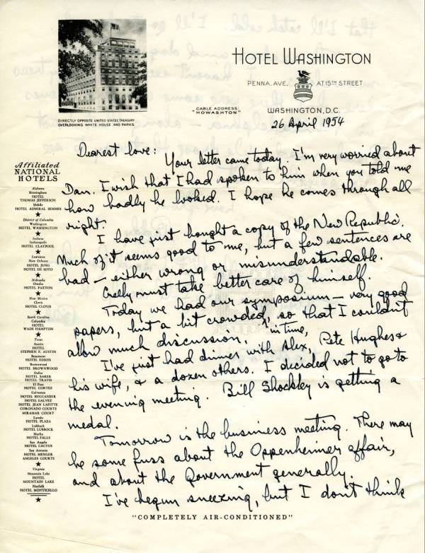 Letter from Linus Pauling to Ava Helen Pauling. Page 1. April 26, 1954