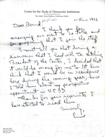 Letter from Linus Pauling to Matthias Bernd. Page 1. June 21, 1966