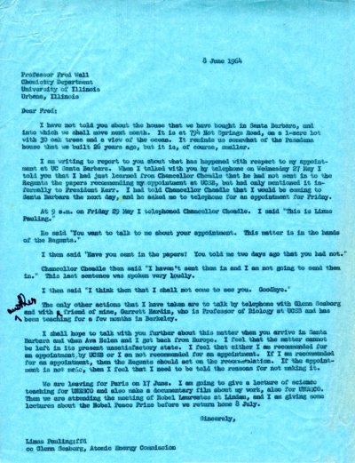 Letter from Linus Pauling to Fred T. Wall. Page 1. June 8, 1964
