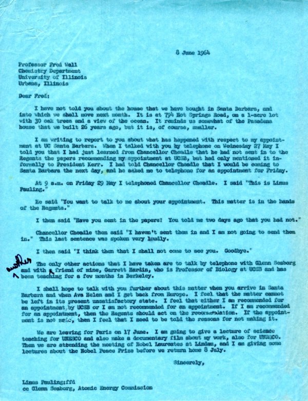 Letter from Linus Pauling to Fred T. Wall. Page 1. June 8, 1964