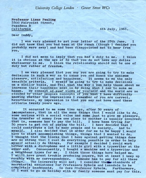 Letter from Peter Pauling to Linus Pauling. Page 1. July 4, 1963