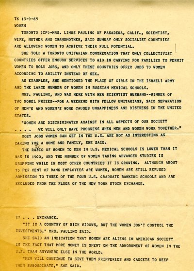 Typescript re: Statements made by Ava Helen Pauling regarding the oppression of women in the American workplace. Page 1. September 13, 1965