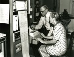 Clara and David Shoemaker analyzing diffractometer data, 1983.