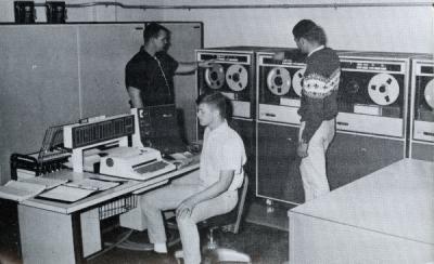 <p>Image from a brochure titled "Preparing for a Career in Agricultural Economics." Caption below photo reads: "Learning to use electronic computers plays an increasingly important part in the training <span class='highlight2 bold'>of</span> agricultural</p><p>				economists."</p>