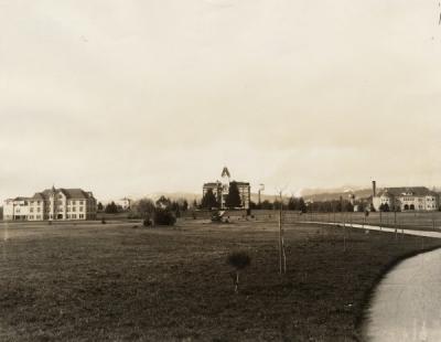<p>View of the OAC campus, with Agriculture Hall (now Education Hall) on the left, the <span class='highlight1 bold'>Administration</span> Building (now Benton Hall) in the middle and Mechanical Hall (now Apperson Hall) to the right. Photo taken Spring 1907 soon</p><p>				after the American Elm trees had been planted along the pathways.</p>