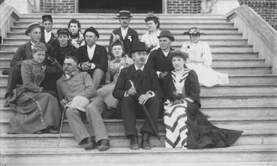 <p>President John McKnight Bloss with students, ca. 1894. First row (bottom) L to R:?, William H. Bloss or Ed. Bryson, Pres. John M. Bloss, <span class='highlight1 bold'>and</span> ? Gellatly?. Middle row: ?, ?, ? Delia Gellatly?, ?. Top row: ?, ?, Ed Wilson,</p><p>				Dorothea Nash or Delia Gellatly, ?.</p>