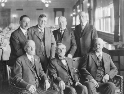 <p>Alumni inducted into Phi Kappa Phi, 1924. Front row (left to right): J. K. Weatherford '72; William H. Holman '83; William Y. Masters '82. Back row: James H. Collins '88; <span class='highlight1 bold'>W</span>. J. Gilstrap '98; John Fulton '92; Newton A.</p><p>				Thompson '76.</p>
