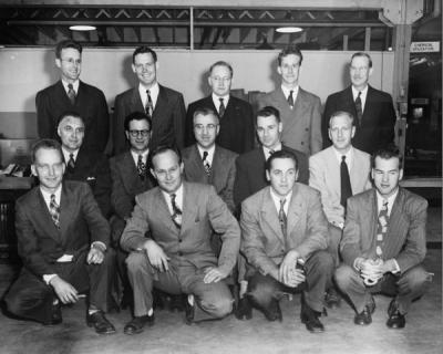 <p>Oregon Forest Products Laboratory staff, ca. 1949. Front Row, left to right: Hugh Wilcox, Murl Peterson, Bruce Anderson, James Holden. Center Row, left to right: Paul Dunn, Phimister Proctor, Ervin Kurth, Mortimer</p><p>				Macdonald, Leif Espenas. Back row, left to right: Bruce Wagg, Robert Stillinger, Maurice Gekeler, <span class='highlight0 bold'>Robert</span> Graham, William Baker.</p>