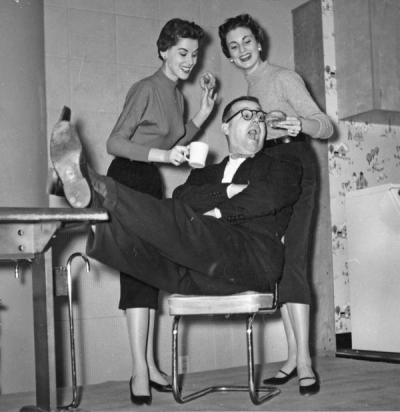 Barney Keep with two unidentified women, ca. 1950s. Keep worked with KOAC before becoming a well-known radio personality for Portland's KEX radio station, where he worked from 1944-1979.
