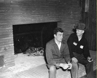 <p>Marv Rowley and Harry Nettleton, ca 1950s. Nettleton was an instructor for the Forestry department. Rowley received a degree in Forestry in 1950 <span class='highlight2 bold'>and</span> became Benton County's timber manager. He also helped rebuild the</p><p>				Forestry Club Cabin after it burned to the ground in February of 1949. Rowley received the OSU Outstanding Alumnus Award in 2003.</p>