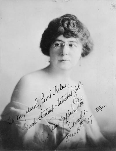 <p>Portrait of Lillian Jeffreys Petri, March 1927. Petri was a professor of piano and music theory. Photo is annotated: "To my dearly loved Helen [Plinkiewisch]: Good <span class='highlight0 bold'>student</span> - talented girl. Lillian Jeffreys Petri,</p><p>				Corvallis, Mar. 15th '27."</p>