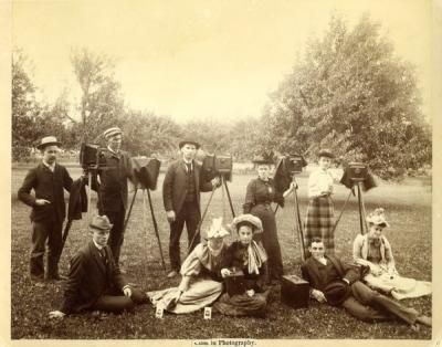 <p>OAC photography class, ca. 1892. Standing (l to r): John Fulton, E. G. Emmett, Homer Lily, unidentified woman, unidentified woman. Seated (l to r): unidentified man, two unidentified women, <span class='highlight1 bold'>W</span>. Frank Holman, unidentified</p><p>				woman.</p>