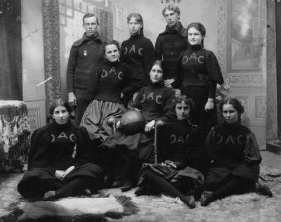 <p>Women's Basketball team, 1898, the first women's team at the college. Team includes Fanny Getty, 2nd back; Dora Hodgins, 2nd forward; Leona Smith, 1st back; Inez Fuller, 1st forward; Blanche Holden, goal thrower; Lillian</p><p>				Ranney, center; Bessie Smith, captain and guard; W.H. Beach, coach; <span class='highlight1 bold'>and</span> F. W. Smith, manager.</p>