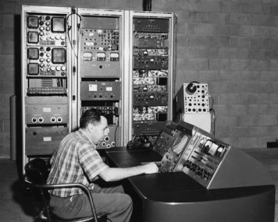 Ben Ballard at the KOAC-TV console, 1957. The console was located near the top of Vineyard Mountain, north of Corvallis, Oregon.