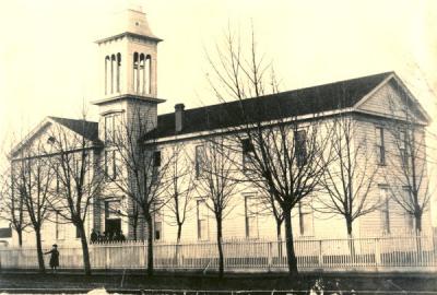 Corvallis College building, ca. 1880. The Corvallis College building was located near the Court House.