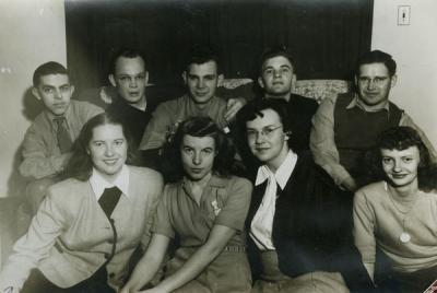 Image from the 1946-1947 Westminster Association yearbook. Shirley Voigts is pictured in the front row, far left.
