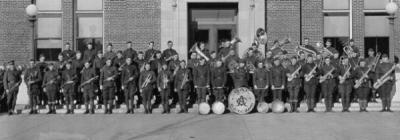 Oregon Agricultural College R.O.T.C. Cadet Band in front of the College Library, ca. 1922. David Marr played cornet in the Orchestra and R.O.T.C. Cadet Band while a student at OAC.