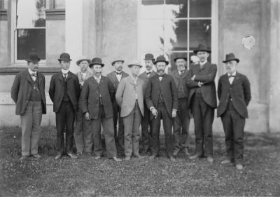 The 1901 Board of Regents. From left to right: W. E. Yates, John D. Olwell, W. P. Keady, B. G. Leedy (Master of Grange), J. K. Weatherford, B. F. Irvine, F. I. Dunbar, John D. Daly, J. M. Church, Governor T. T. Greer, John T. Apperson.