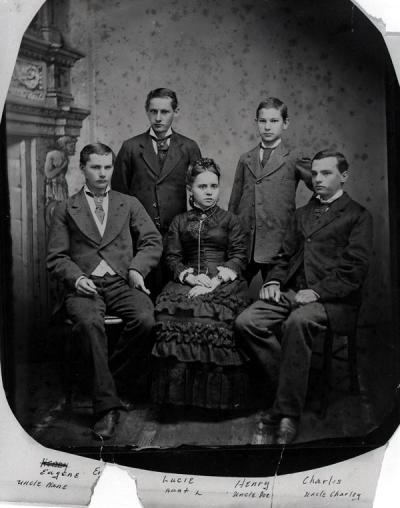 Pernot family photograph, September 1881. Pictured from left are Eugene, Emile, Lucie, Henry and Charles Pernot.