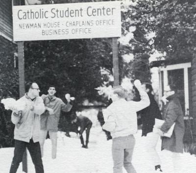 A snowball fight outside the Newman House, OSU, 1969.