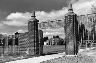 Campus gates and Education Hall, 1961.