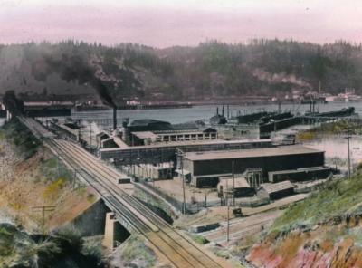 Hand colored photograph of a cooperage plant, ca 1940s.